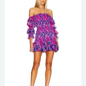 Misa Los Angeles Off-Shoulder Mini Dress in Fuchsia and Blue Floral
